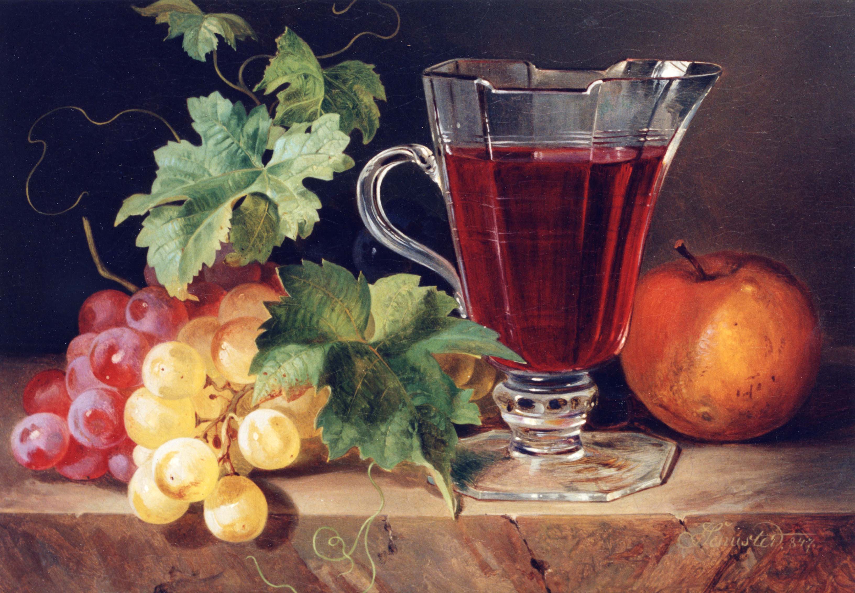 Grapes and a Jug of Wine on a Ledge